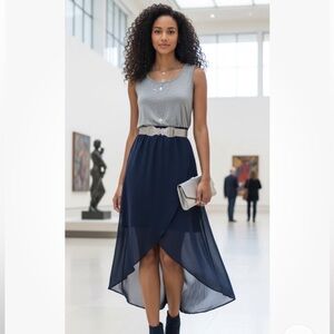 Dex high low navy blue gray midi dress S